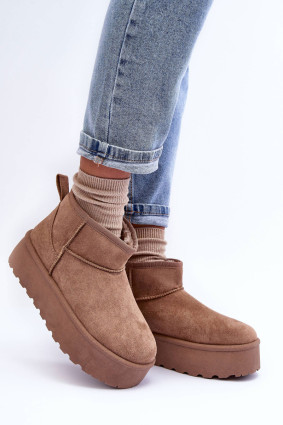 Beige Schneestiefel aus Veloursleder mit Plateau