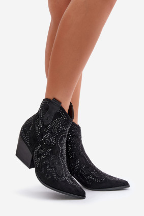 Verzierte schwarze Ankle Boots mit Absatz aus Veloursleder
