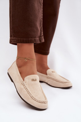 Beige Mokassins aus Velourslederimitat mit goldenem Detail