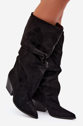 Stiefeletten aus Veloursleder mit gerafftem Schaft und Absatz, schwarz