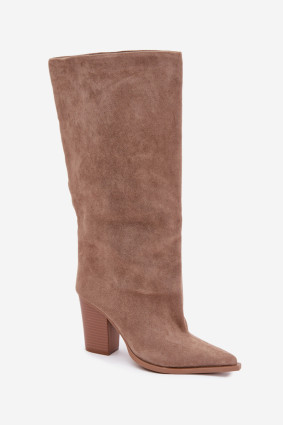 Beige Stiefel aus Veloursleder mit Blockabsatz