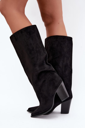 Schwarze Overknee-Stiefel aus Veloursleder mit Blockabsatz