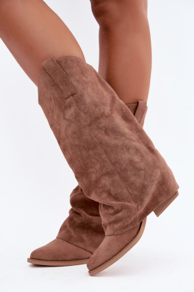 Cowboystiefel mit Absatz und umgeschlagenem Schaft aus braunem Wildlederimitat