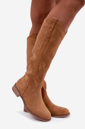Overknee-Stiefel aus braunem Velourslederimitat mit flachem Absatz
