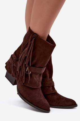 Cowboy-Stiefelette mit Blockabsatz, Fransen und umgeschlagenem Schaft, braun