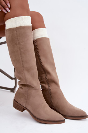 Gefütterte beige Overknee-Stiefel aus Veloursleder mit niedrigem Blockabsatz