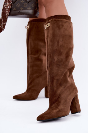 Gefütterte Overknee-Stiefel aus Velourslederimitat mit Blockabsatz, braun