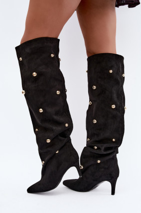 Schwarze Overknee-Stiefel mit Stiletto-Absatz und goldenen Details
