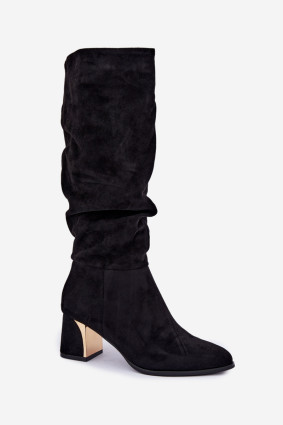 Schwarze Veloursstiefel mit Raffung und Blockabsatz