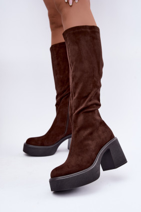Braune Overknee-Stiefel aus Velourslederimitat mit Plateau und Blockabsatz