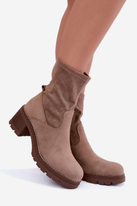 Beige Stiefelette mit Blockabsatz aus Velourslederimitat
