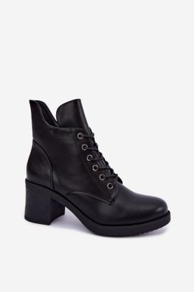 Schnürbare gefütterte Stiefelette mit Blockabsatz, schwarz
