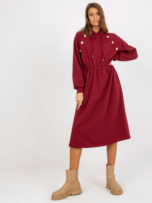 Bordeauxfarbene, schwingende Sweatkleid mit Gummizug in der Taille