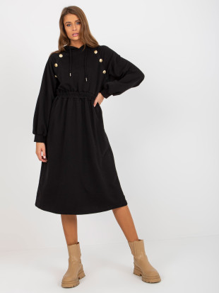 Schwarzes ausgestelltes Kleid mit Kapuze