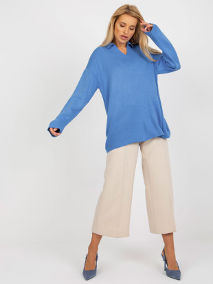 Blauer langer Oversize-Pullover mit Kragen RUE PARIS