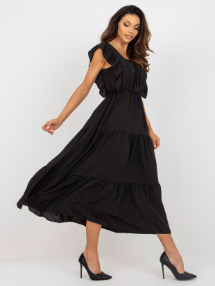 Schwarzes Midi-Kleid mit Volant und lockerem Schnitt