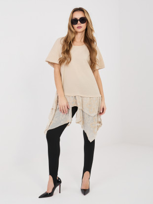 Beige Baumwollbluse mit kurzen Ärmeln und Volant