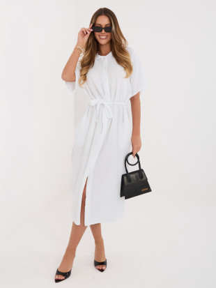 Weißes ausgestelltes Midi-Kleid mit Gürtel und Taschen