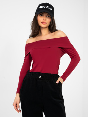 Bordeauxfarbene Bluse mit Carmen-Ausschnitt