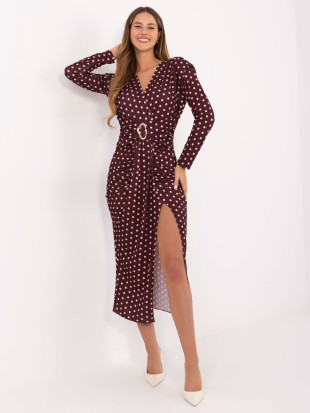 Bordeauxfarbenes Midi-Kleid mit Punkten und Wickelausschnitt