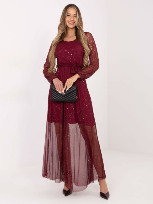 Bordeauxfarbenes Maxi-Kleid mit Gürtel und Futter