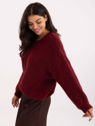 Bordeauxfarbener Pullover mit Rundhalsausschnitt und Puffärmeln