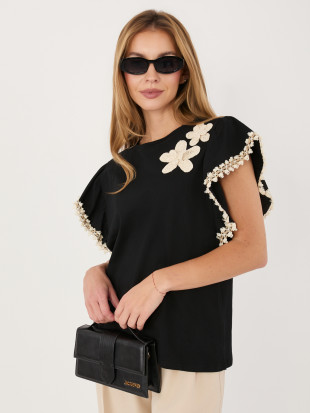 Schwarze Baumwollbluse mit Applikation