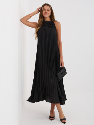Schwarzes Cocktail-Midikleid mit Bindegürtel und Volant