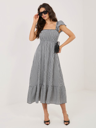 Schwarzes Midi-Kleid mit Volant und Karomuster