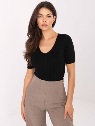Schwarzer Rippstrickpullover mit kurzem Ärmel und V-Ausschnitt