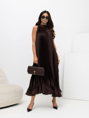 Midi-Kleid mit Bindegürtel und Volant, braun