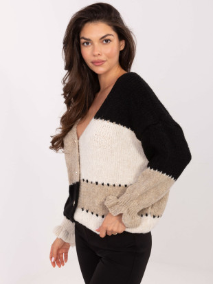 Schwarz-beiger gestreifter Cardigan mit Volant und V-Ausschnitt