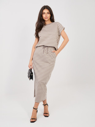 Beiger Midi-Rock mit Streifen und Taschen