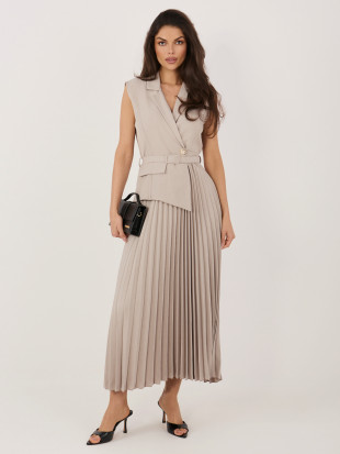 Elegantes beigefarbenes Midi-Kleid mit Gürtel und Pailletten