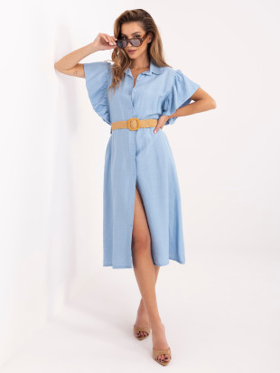 Hellblaues ausgestelltes Midi-Kleid mit Gürtel