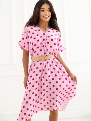 Hellrosa Midi-Kleid mit Punkten und Gürtel