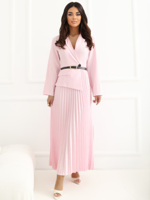 Elegantes ausgestelltes Midi-Kleid mit Gürtel und Kragen, rosa