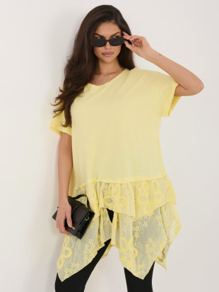 Gelbe Baumwollbluse mit Volant und Stickerei