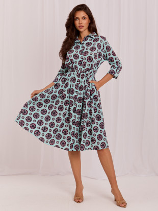 Elegantes ausgestelltes Midi-Kleid mit Gürtel und Print