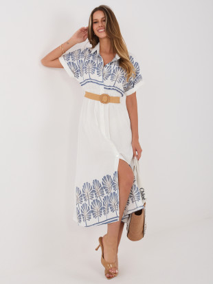 Weiß-blaues Hemdblusenkleid mit Stickerei und Gürtel, midi