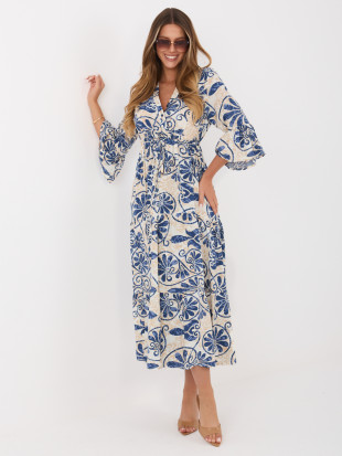 Blaues Midi-Kleid mit Print und Bindegürtel
