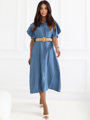 Blaues ausgestelltes Midi-Kleid mit Gürtel und Volant
