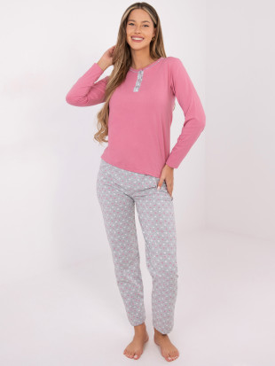 Damen Baumwoll-Pyjama mit Print und Knöpfen, rosa