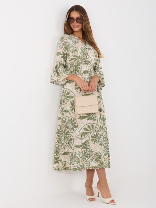 Grünes Midi-Kleid mit Print und Bindegürtel