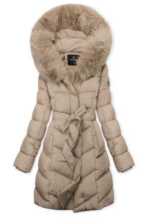 Winterjacke mit Gürtel und Kunstfell Beige