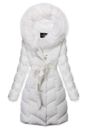 Winterjacke mit Gürtel und Kunstfell Weiß
