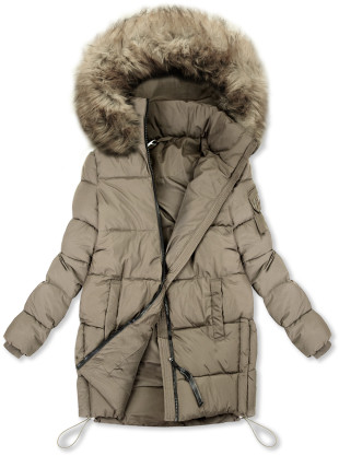 Dunkelbeige Steppjacke mit Kunstpelz