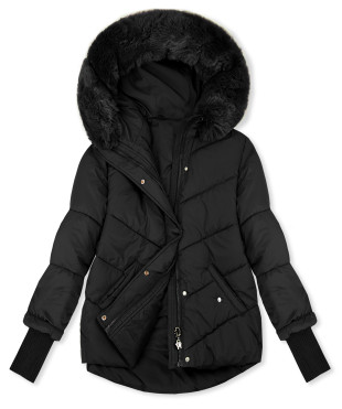 Damen-Steppjacke für den Winter mit Fell – Schwarz